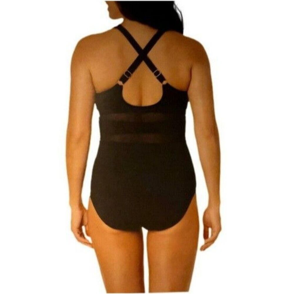 Lands' End Swimsuit 1-Piece Medium M Black Sheer Panels Full Coverage Bottom NWT - Picture 2 of 2